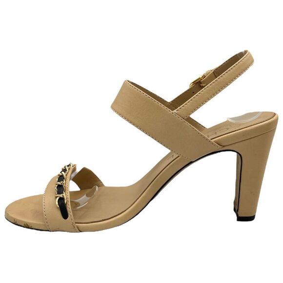 Chanel Beige Leather Open Toe Chain Heeled Slingback Sandals - Picture 6 of 9